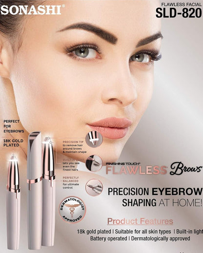 Advertisement for Sonashi Flawless Facial SLD-820 with a close-up of a woman's face and product packaging.